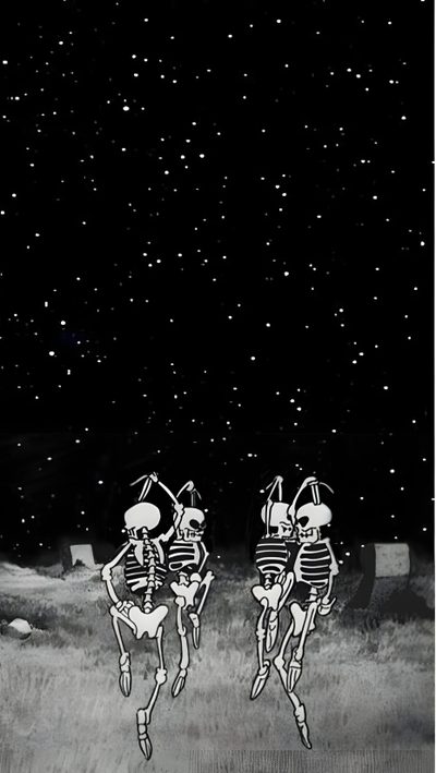 two skeletons are running in the grass at night Halloween Dancing Skeleton Spooky Lockscreen Aesthetic, Spooky Phone Aesthetic, Vintage Spooky Aesthetic, black