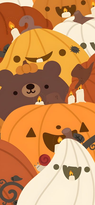 there are many pumpkins with bears on them in the shape of jack - o'- lanterns Halloween Bear Iphone Hallowen Wallpers, Iphone Kawaii Halloween, Cute Kawaii Fall Background, peru