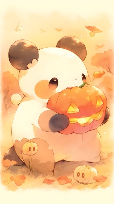 a panda bear holding a pumpkin in its paws Cute Halloween Panda Panda Fall, Autumn Panda, Cute Halloween Panda, Panda Halloween Background, khaki