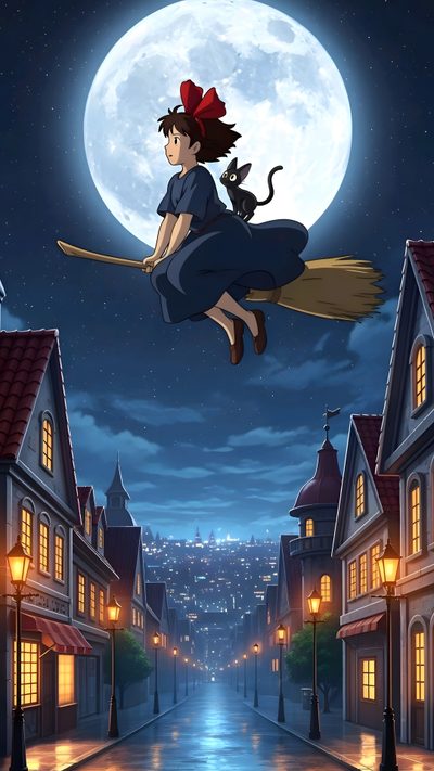 a woman flying through the air on top of a broom in front of a full moon Ghibli Halloween Kiki's Delivery Service, Hayao Miyazaki, Kiki's Delivery Service Phone, dark slate gray