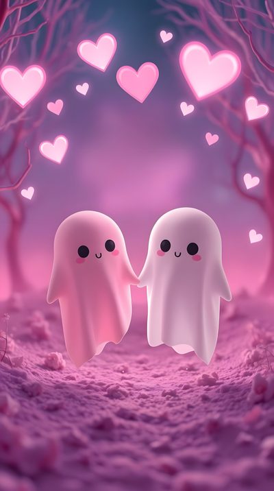 two ghost like figures standing next to each other in the middle of a pink forest Halloween Love Ghost Cute, Iphone Cute Hd Love, Cute Pink Moving, Cute Ghost Iphone, gray