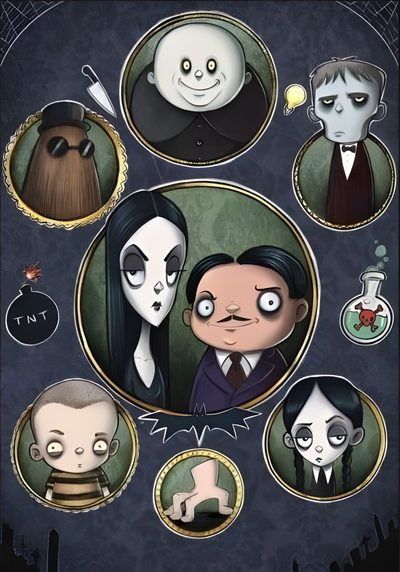 the addams are depicted in this poster Halloween Family Cameos Addams Family Art, Addams Family Cartoon, Halloween Photo Props, dark slate gray