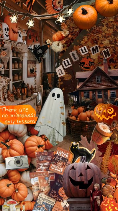 there are many pumpkins and decorations in the room Halloween Collages Halloween Fall Backgrounds, Cute Aesthetic Halloween, Fall Halloween, saddle brown