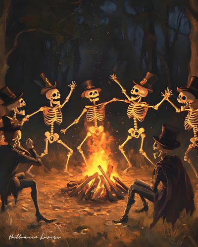 a group of skeletons dancing around a fire in the woods with hats and tails on Halloween Skeleton Party Happy Halloween Pictures, Horror Photos, Halloween Backgrounds, dark slate gray