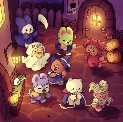 an image of some cartoon characters playing in the street at halloween time with pumpkins on the ground Skz Halloween Laptop Matching Skzoo Pfps, Halloween Skzoo, Halloween Skz, Skzoo Halloween Costume, brown