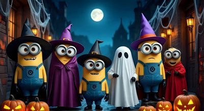 the minion family is dressed up for halloween with pumpkins and jack - o'- lanterns Minion Halloween Desktop Addams Family Halloween Costumes, Clipart Clipart Minions Halloween, Minions Halloween Background, dark slate gray