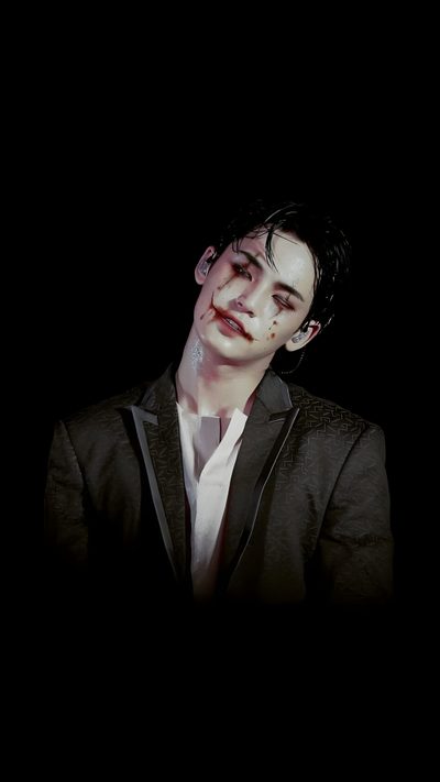 a man with blood on his face and chest, standing in front of a black background Seventeen Halloween Nam Gyu Halloween Costume, Mingyu 4k, Mingyu Bittersweet, Seventeen Halloween, black