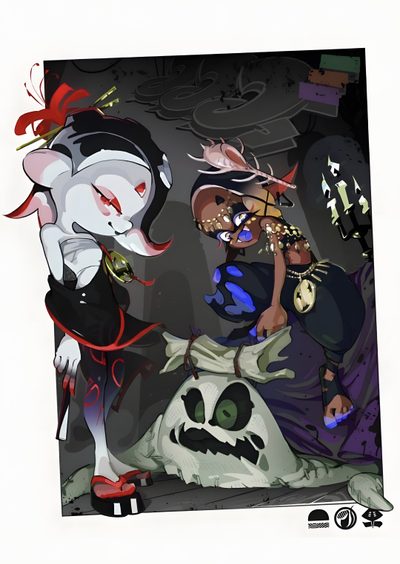 two cartoon characters dressed in halloween costumes, one with a ghost and the other as a cat Splatoon Halloween Splatfest Art Official, Splatoon 3 Promo Characters, Splatoon Halloween, dim gray