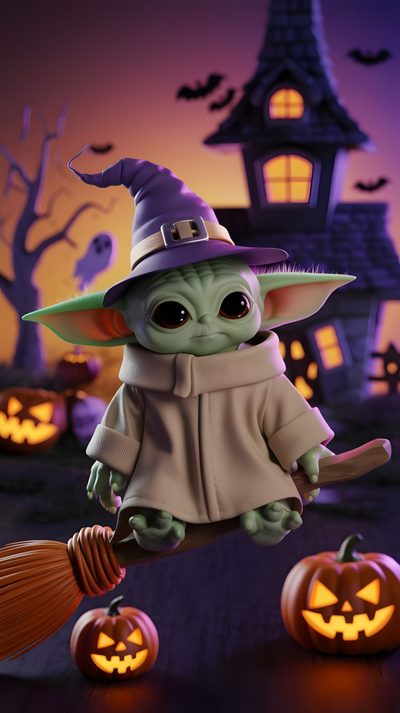 a baby yoda in a witches costume with pumpkins and jack - o'- lanterns Halloween Baby Yoda Pictures Of Yoda From Star Wars, Baby Yoda Pictures, Star Wars Halloween, dark slate gray