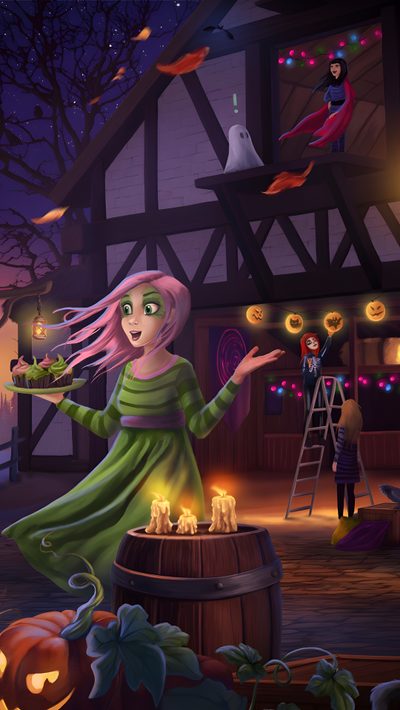 a painting of a girl with pink hair and green dress standing in front of a barrel full of pumpkins Star Stable Halloween 4k Fall Pictures, Star Stable Backgrounds, Star Stable, Halloween 2018, dark slate gray
