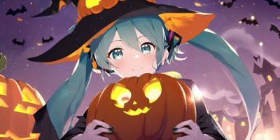 an anime character holding a pumpkin in front of a full moon and sky with bats Hatsune Miku Halloween Halloween Anime Gif, Halloween Animes To Watch, Hatsune Miku Halloween, dim gray