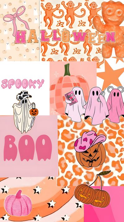 a collage of halloween images with words spooky booo and pumpkins Preppy Happy Halloween Preppy For Halloween, Pink Preppy Halloween, Preppy Aesthetic Cute Preppy Halloween,