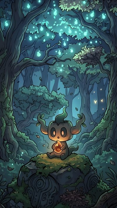 a cartoon character sitting on top of a rock in the middle of a forest at night Halloween Pokemon Phantump Cute, Phantump Halloween, Pumpkaboo Pokemon, Phantump, dark slate gray