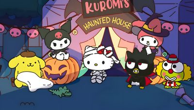 several cartoon characters standing in front of a carnival booth with pumpkins and other decorations Sanrio Characters Halloween Halloween Desktop Gif, Cute Halloween Discord Banner Gif, Sanrio Fall Laptop, dark slate blue