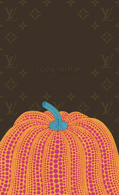an orange and pink pumpkin with louis vuitton written on the front in blue Louis Vuitton Halloween Iphone Yayoi Kusama Pumpkin Aesthetic, Orange Louis Vuitton, Louis Vuitton Multicolor Iphone, dark slate gray