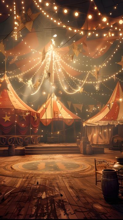 a circus tent with lights strung from the ceiling Halloween Carnival Fantasy Carnival Aesthetic, Circus, Old Timey Circus, Circus Inside, saddle brown
