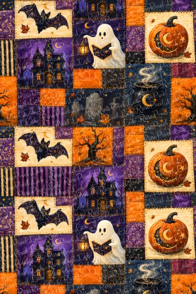 a patchwork quilt with halloween decorations on it Halloween Squares Custom Halloween Backdrop, Cool For Phones, Halloween Fabric, saddle brown