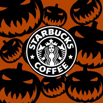 starbucks pumpkins and jack - o'- lanterns are arranged around the starbucks logo Halloween Starbucks Halloween Starbucks, Starbucks Fall Logo, Fall Starbucks, black
