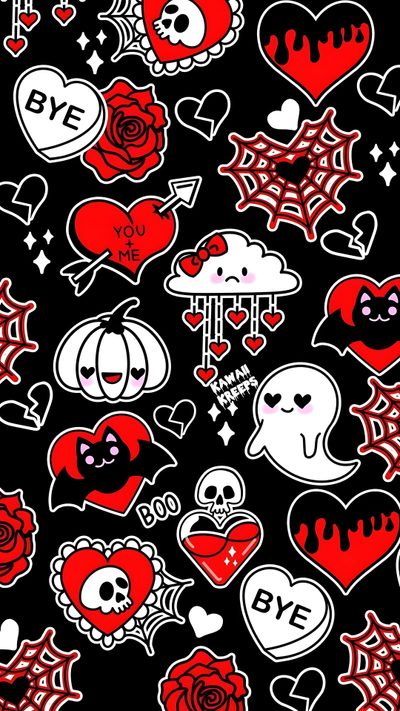 a bunch of stickers that are on a black background with red and white designs Halloween Valentines Spooky Valentines, Emo Valentines, Cute Goth Backgrounds, Valloween, black