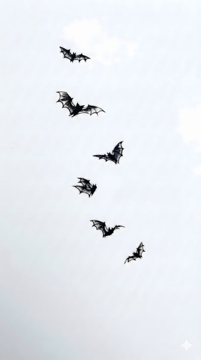 a group of bats flying in the sky with their wings spread out to form a long line Halloween Bats On White Small Bat Hand Tattoo, Fine Line Bat, Gothic Small Tattoo Ideas, white smoke