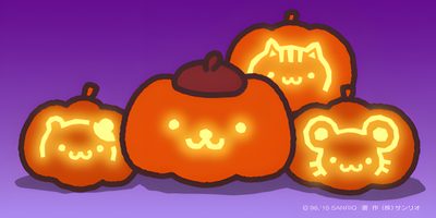 three pumpkins with faces carved into them on a purple and blue background, in the shape of cats Pom Pom Purin Halloween Pompompurin Halloween Background, Pompompurin Halloween, Pompompurin Thanksgiving, gray