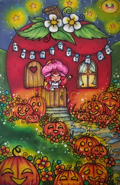 a painting of a house with pumpkins in the yard Strawberry Shortcake Halloween Strawberry Shortcake Halloween Images, Strawberry Shortcake Halloween Theme, Coco Wyo Spooky Cutie Finished, sienna