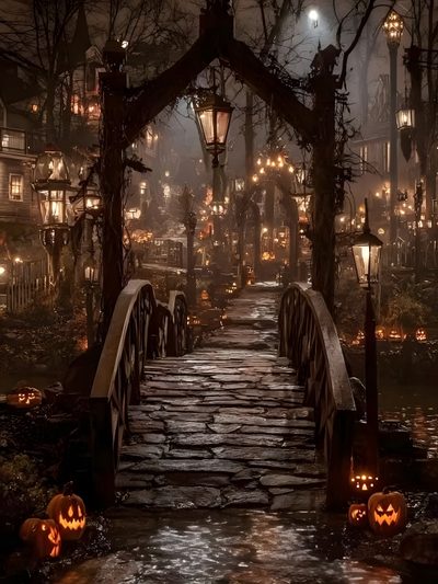 a bridge that has pumpkins on it and some lights hanging from the trees above Halloween Town Gate Halloween Town Place, Spooky Scenery, Halloween Kingdom, dark slate gray
