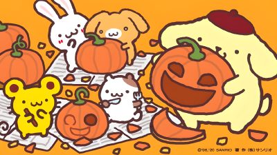 an orange background with cartoon animals and pumpkins Pom Pom Purin Halloween Fall Pompompurin, Pompompurin Thanksgiving, Pompompurin Fall, sandy brown