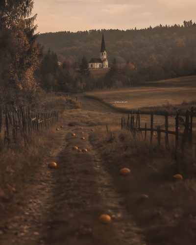 an old dirt road with oranges on the side and a church in the background Halloween Country Over The Garden Wall Autumn, Old Art Aesthetic, Landscape Photography Aesthetic, dark slate gray