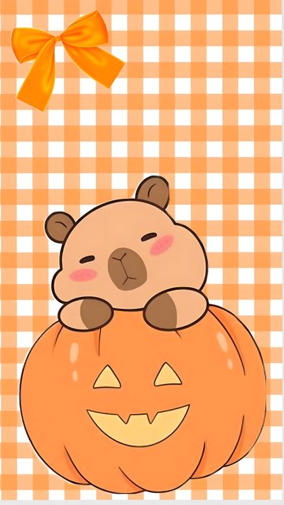 a teddy bear sitting on top of a pumpkin with a bow around it's neck Capybara Halloween Thanksgiving, Halloween, light salmon