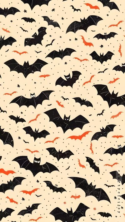 an image of bats flying in the sky with orange and black dots on it's surface Halloween Bats Halloween I Phone, Ipad Homescreen Ideas Halloween, Halloween Themed, bisque