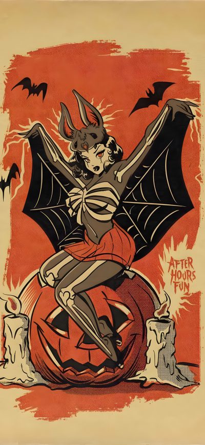 a drawing of a bat sitting on top of a pumpkin Halloween Pinup Art Halloween Pin Up, Vintage Halloween Art, Halloween Graphics, Vintage Goth, indian red