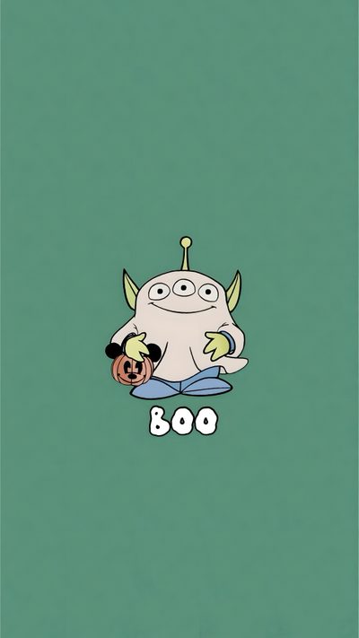 a cartoon character sitting on top of a green background with the word boo in front of it Toy Story Halloween Spooky Toy Story, Halloween Toy Story, Toy Story Alien Iphone, Toy Story Alien, slate gray