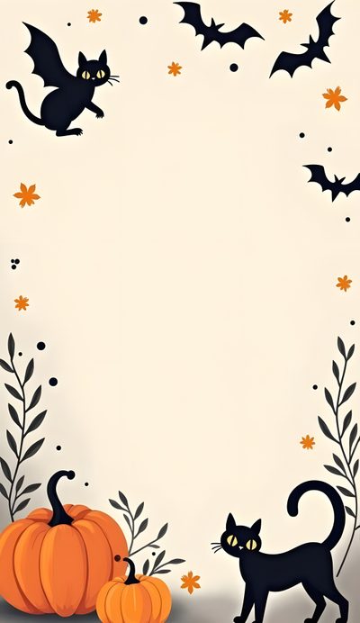 a black cat standing next to two pumpkins and bats on a white background with stars Cute Halloween Iphone Count Down October, Halloween Crafts Preschool, Colorful Borders Design, beige