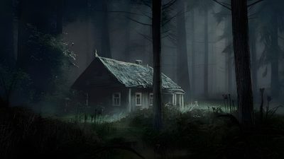 an old house in the middle of a forest at night with fog and light coming from its roof Halloween Forest House Old Creepy House In Forest, Creepy Cabin Nature Forest Painting, Dark Forest House Scene, black