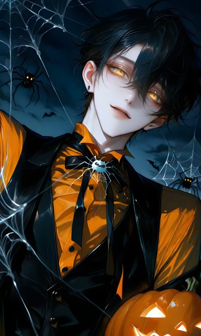 a man dressed in black and orange holding a jack o lantern Halloween Anime Boy Anime Halloween, Halloween Pfp Boy, Boy Boy Anime Halloween, black