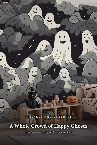 a halloween themed room with black and white ghost wallpaper Halloween Ghost For Bedroom Halloween Room, Halloween For Bedroom, Ghost Mural, dark slate gray