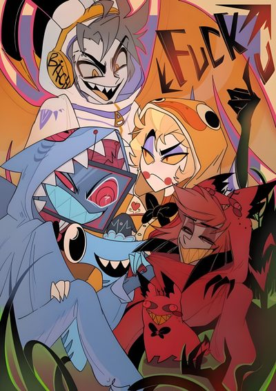 an image of some cartoon characters together Hazbin Hotel Halloween Hazbin Hotel Thanksgiving, Hazbin Hotel All Characters, Hazbin Hotel Halloween, dim gray