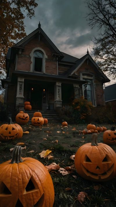 pumpkins on the ground in front of a house with scary eyes and faces carved into them Halloween 4k Vertical Spooky Halloween Pinterest, Spooky Halloween Vibe, Spooky Scary Halloween, black