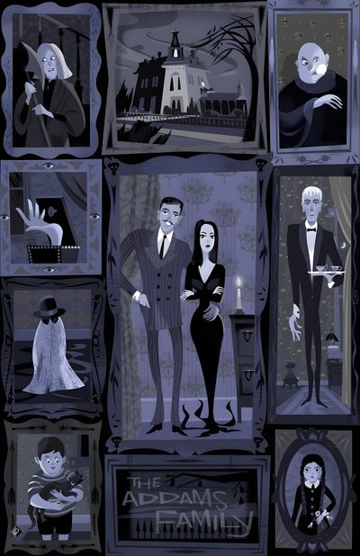 the addams family poster is shown in black and blue colors, with an image of two Halloween Addams Family The Addams Family Art, Adams Family Animation, Addams Family Animation, dark slate gray