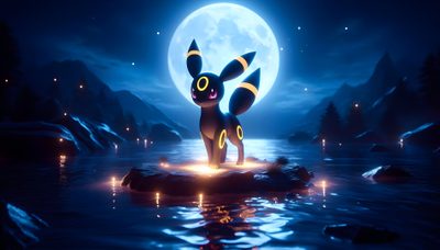 a cartoon character standing on top of a rock in the middle of water at night Umbreon Halloween 1920x1080 Shiny Umbreon 1920x1080, Umbreon Ipad, Umbreon Pc, Moon Umbreon, midnight blue