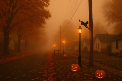 two jack - o'- lanterns are on the street in front of some houses Halloweencore Halloween Orange Aesthetic, Fall Banner, October 25, Halloween Party Diy, Bright Orange, maroon