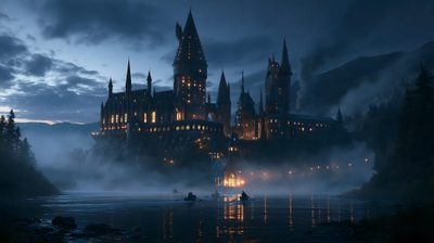 a castle lit up at night with fog in the foreground and water below it Hogwarts Halloween Desktop First Harry Potter, Fantasy Adventure, Interesting Questions, dark slate gray