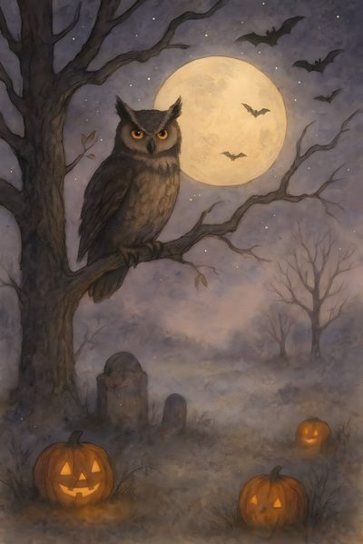 an owl sitting on a tree branch with carved pumpkins Halloween Owl Spooky Owl, Owl Halloween, Vintage Halloween Cards, Witch Painting, Americana Art, dim gray