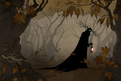a cartoon character holding a lantern in the woods Halloween Over The Garden Wall Over The Garden Wall Monsters, Digital Drawing, Garden Wall, dark slate gray
