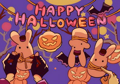 an animated halloween scene with rabbits and pumpkins Tbhk Halloween Tbhk Halloween, Tbhk Halloween Icons, Jshk Official Art, dim gray
