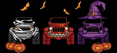 three jeeps with pumpkins and bats on them, one in the shape of a witch's hat Halloween Jeep Jeep Life Decal, Jeep, Jeep Stickers, Jeep Decals, Jeep Wrangler Accessories, black