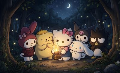 hello kitty and friends are standing around a candle in the woods Sanrio Halloween Laptop Dvd Player, Dvd, dark slate gray