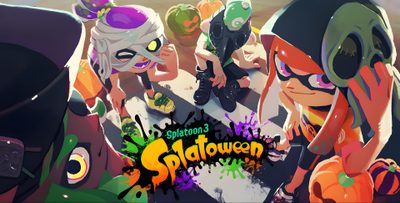 some cartoon characters are standing together in front of an orange and green background with the words, splatdown on it Splatoon Halloween Splatoween Official Art, Splatoon 3 Promo Art, Splatoween Art, dark olive green