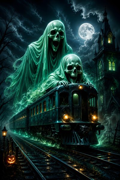 a train with two skeletons on it and a full moon in the background Halloween Ghost Train Ghost Train Tattoo, Skeleton Train, Skull Train, Ghost Train, Haunted Train, black